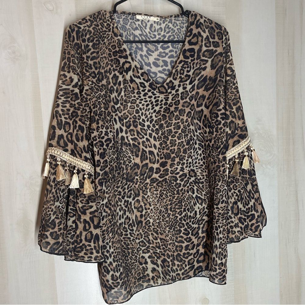 Moda Luxe leopard print embellished tunic top swim cover up, size medium boho‎